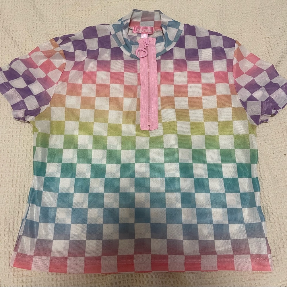 Doll’s Kill mesh cropped race shirt